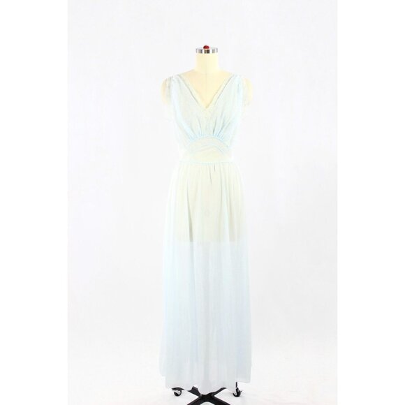 Vintage 60's LUXITE Light Blue Nylon Embroidered Mesh Plunge Slip Dress, Size 34 - Picture 1 of 12